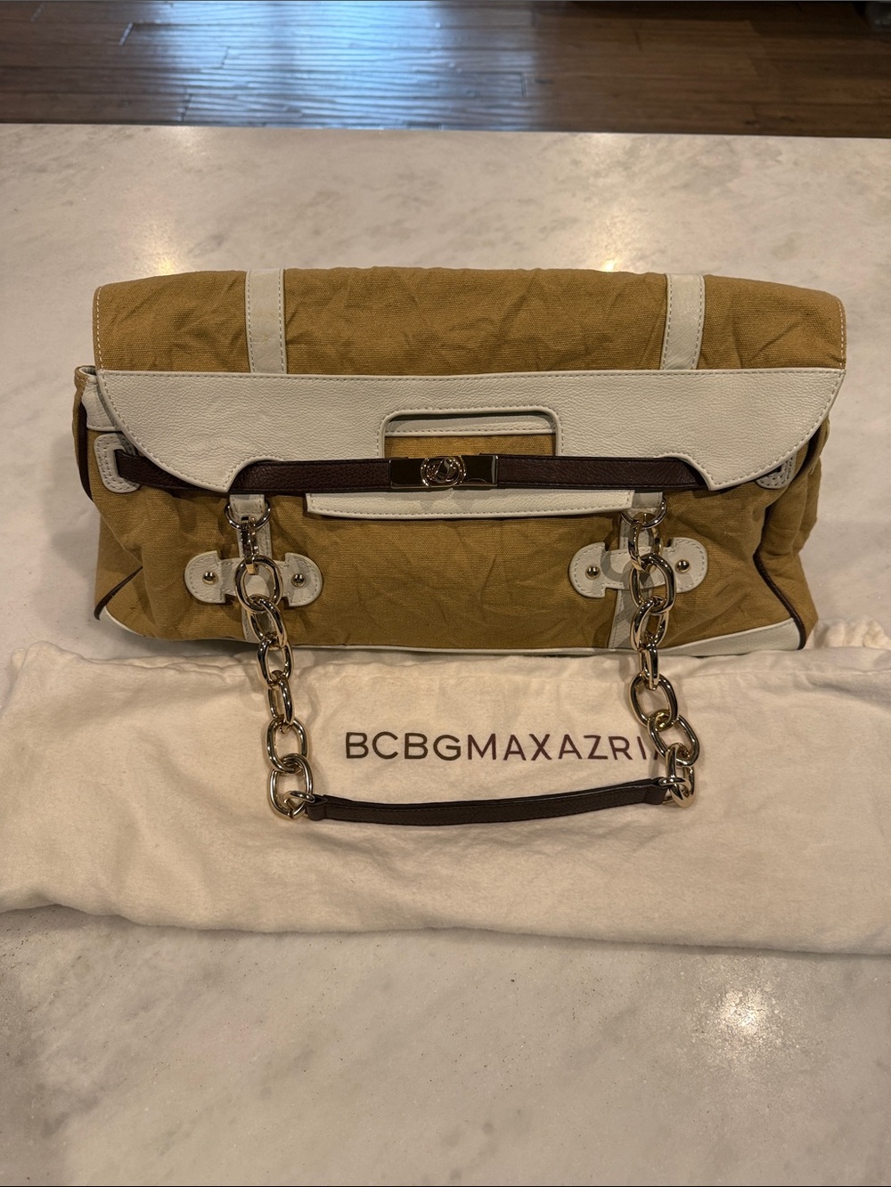 BCBGMaxAzria Canvas w/White & brown leather. Gold Chain-Handle & gold buckle